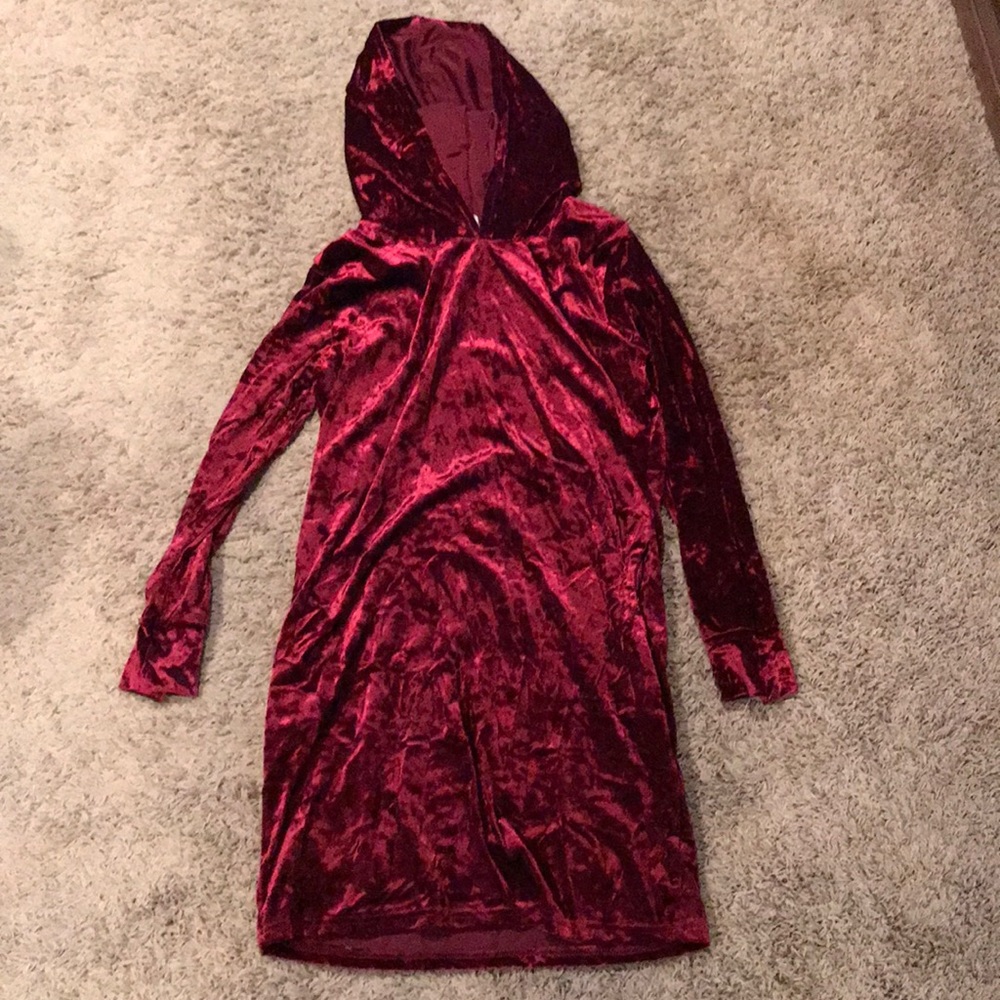Red velvet hooded mini dress